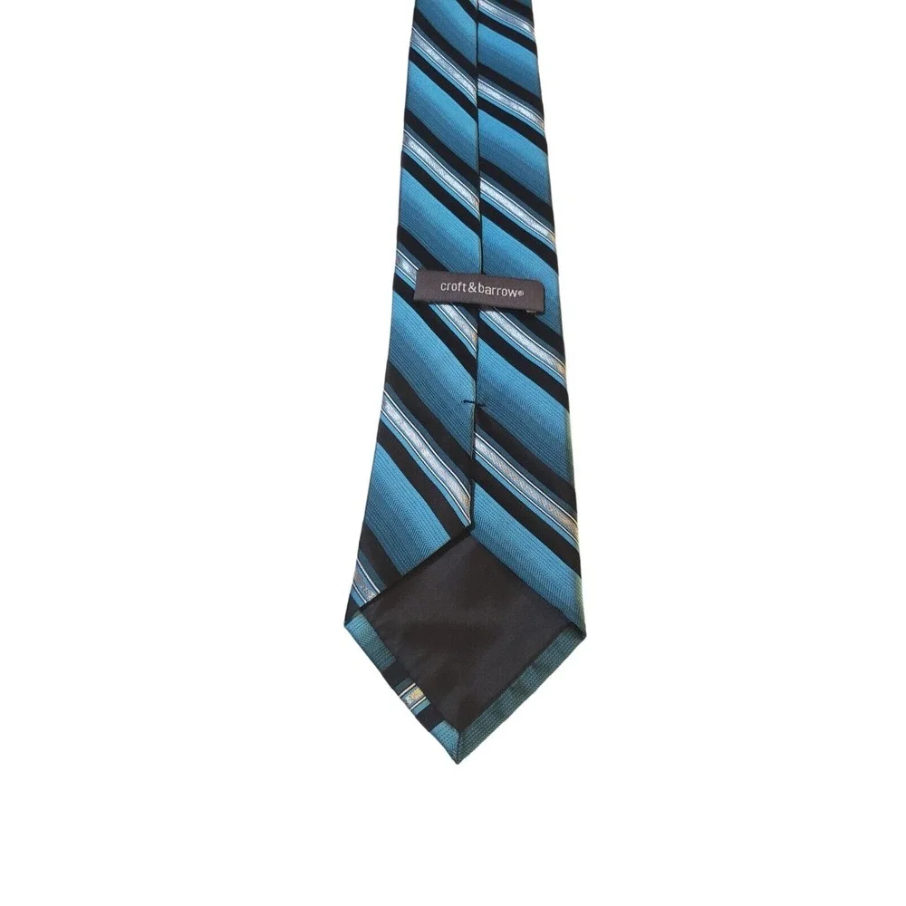 Croft & Barrow Luxury Silk Tie Classic Designer Striped Black Blue‎ Silver